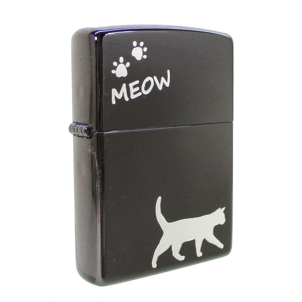 送料無料 ジッポー オイルライター meow ネコ 黒メッキミラー銀差し CAT-KB_画像2