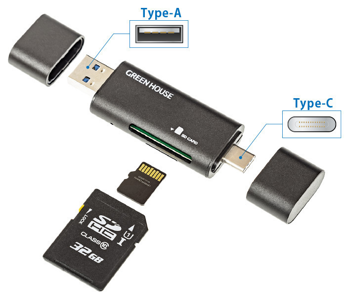 同梱可能 カードリーダー/ライター スマホ パソコン USB Type-C +USB Type A グリーンハウス GH-CRACA-BK/8869ｘ２台セット/卸_画像2