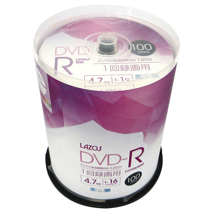 送料無料 DVD-R 録画用 ビデオ用 100枚組 4.7GB スピンドルケース入 CPRM対応16倍速 ホワイトワイド印刷対応 Lazos L-CP100P/2631ｘ１個_画像1