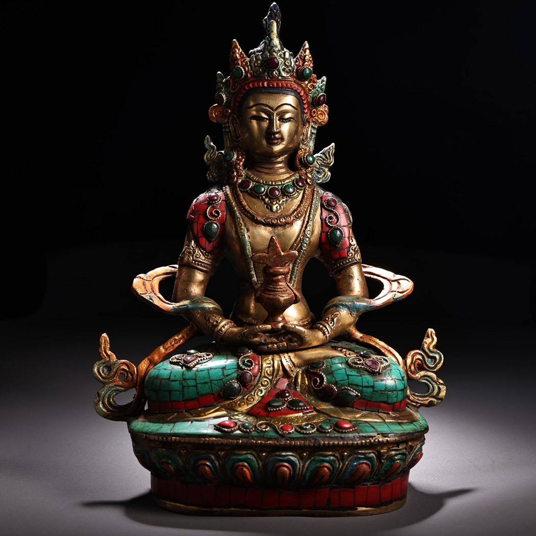KA051 時代 旧家収蔵品 15世紀 仏教古美術 銅製象嵌宝石彩絵描金長寿仏 