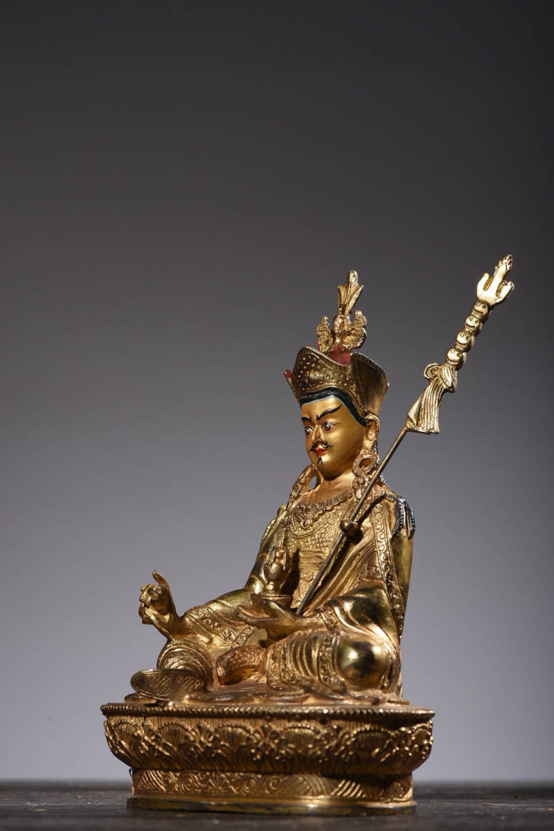 KA015 時代 旧家収蔵品 仏教美術 チベット密教 銅塗金彫 蓮花生大士 