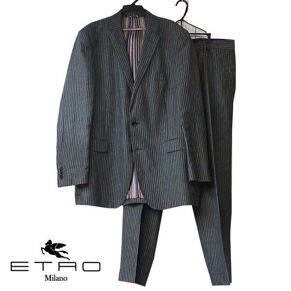エトロ ETRO メンズ スーツ 52 ジャケット パンツ ズボン グレー 麻【321836】_画像1