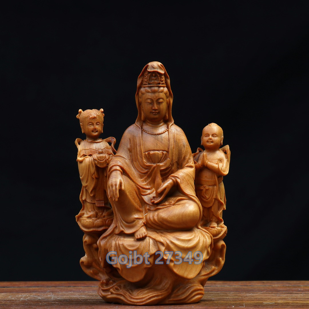 再入荷！】 仏教工芸品 木彫仏像 観音菩薩像 手作り 精密細工 送子観音 
