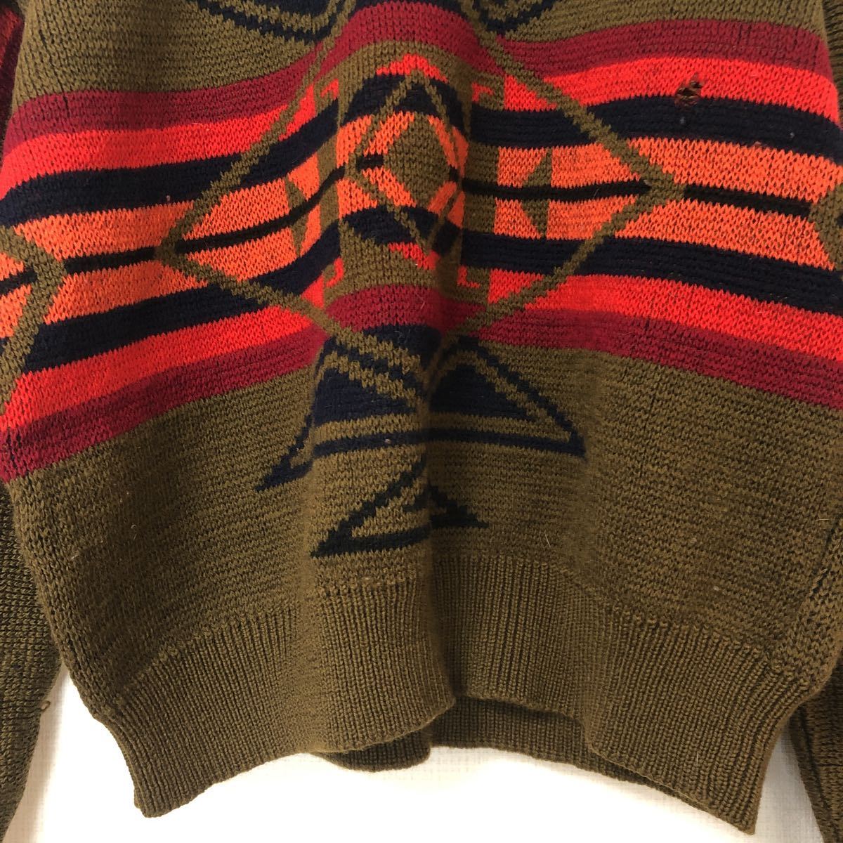 (k)80's 80年代 PENDLETON ペンドルトン USA製 ネイティブ ジョセフ ニットセーター Lサイズ オリーブ ウール_画像6