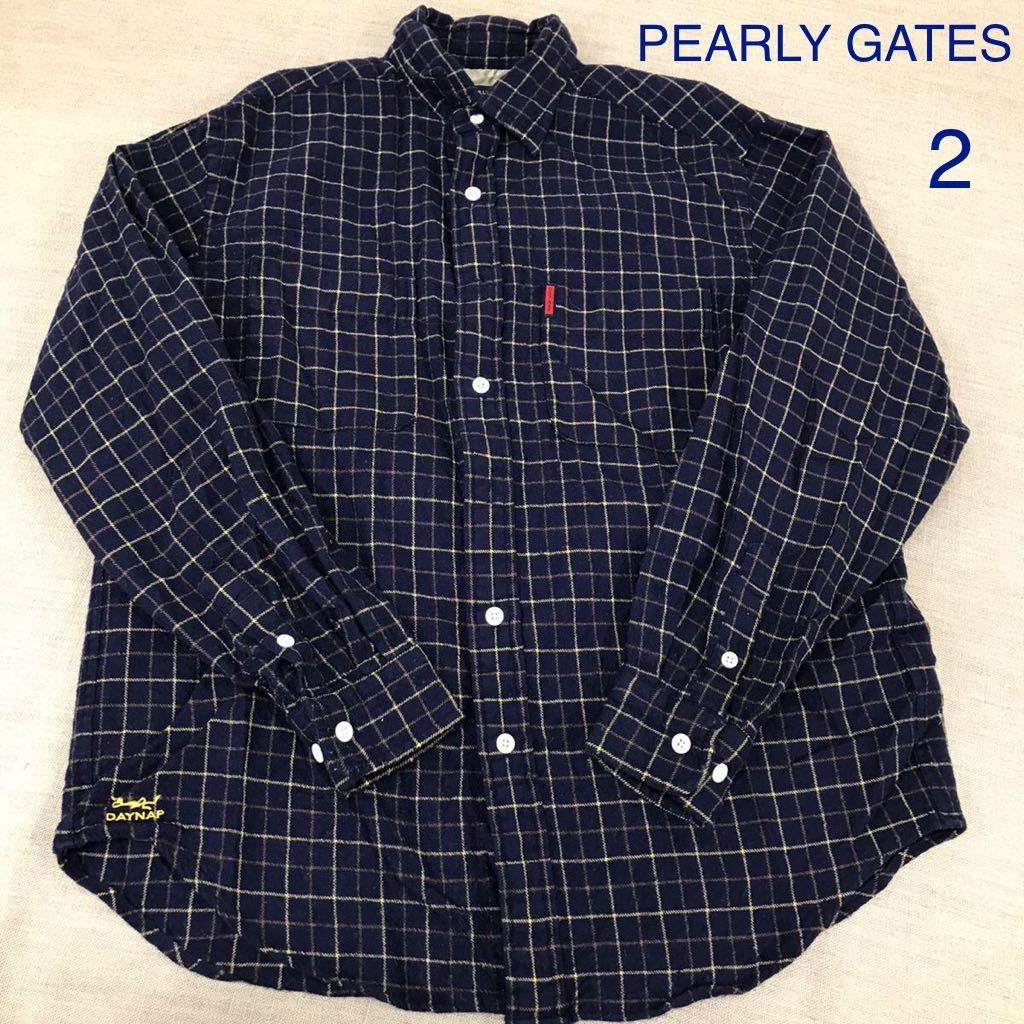 A259 PEARLY GATES パーリーゲイツ 絶品 メンズ 長袖シャツ サイズ2 古着 ダメージあり 最大62%OFFクーポン チェック柄 ネルシャツ ネイビー チェックシャツ