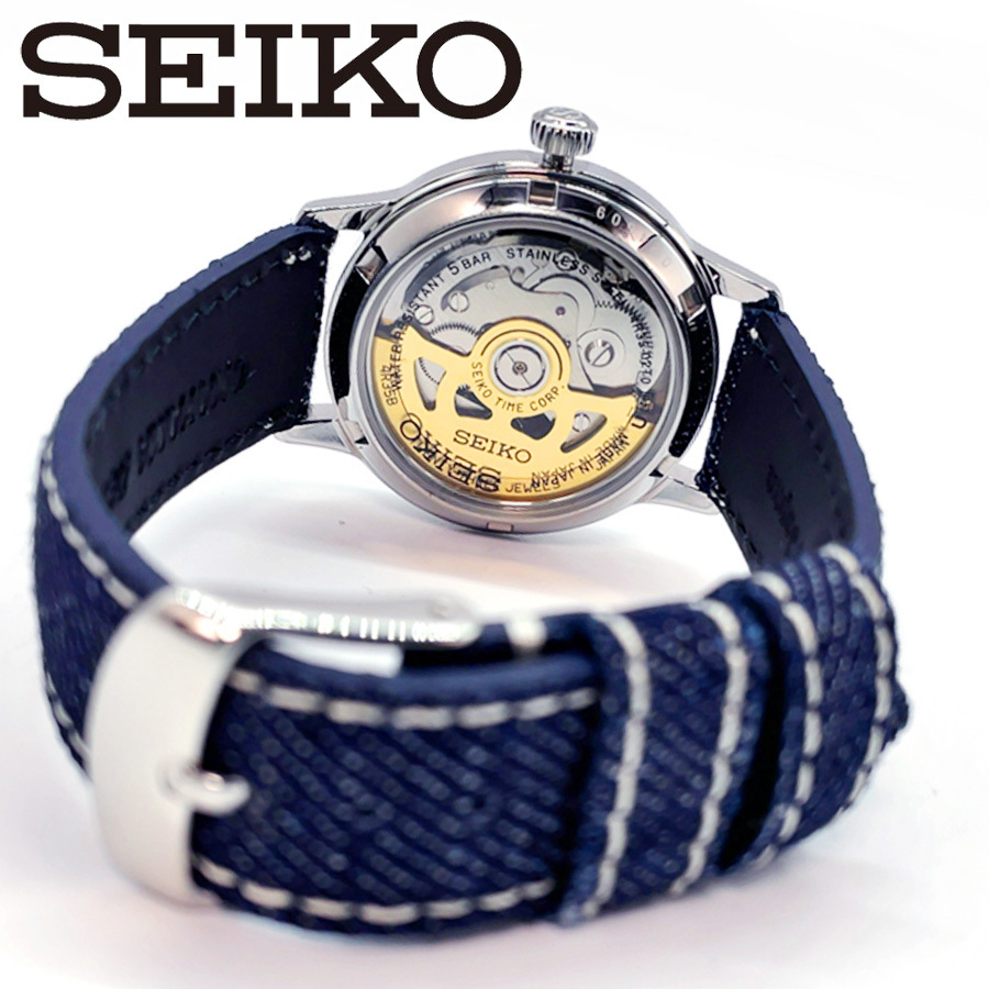 新品正規セイコーSEIKO高級ラインPRESAGEプレザージュ自動巻き耐水圧5mシースルーバック岡山デニム腕時計メンズオートマティック