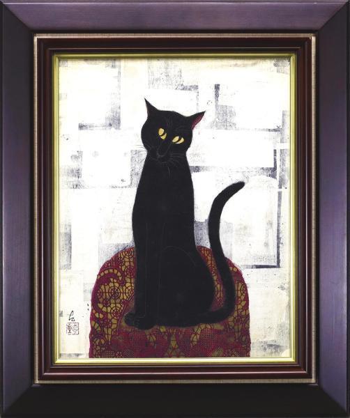 真作】【WISH】西田忠重「黒き猫」日本画 6号 1990年作 共シール ◇猫