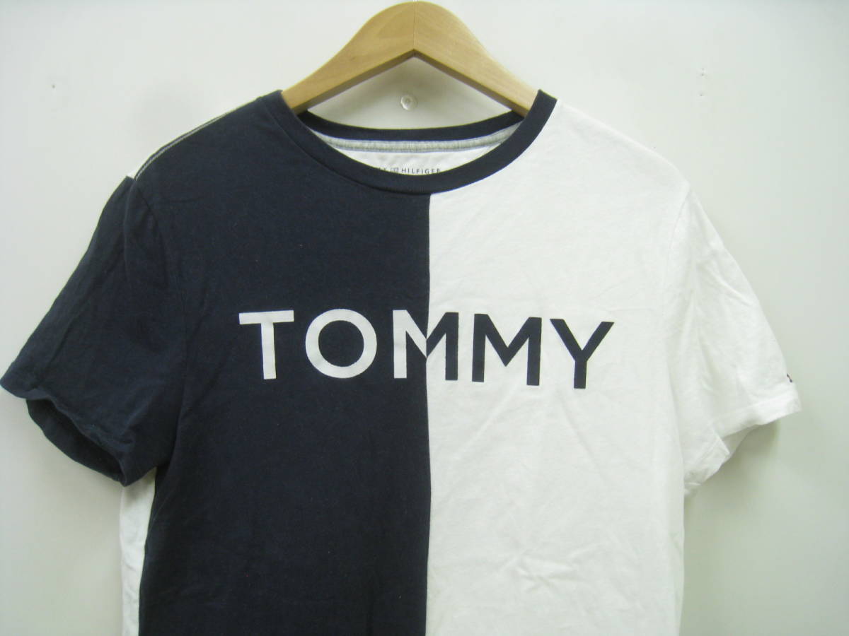 TOMMY HILFIGER トミーヒルフィガー 切替 ロゴ 半袖 Tシャツ ネイビー×ホワイト 紺×白 サイズXSの画像2