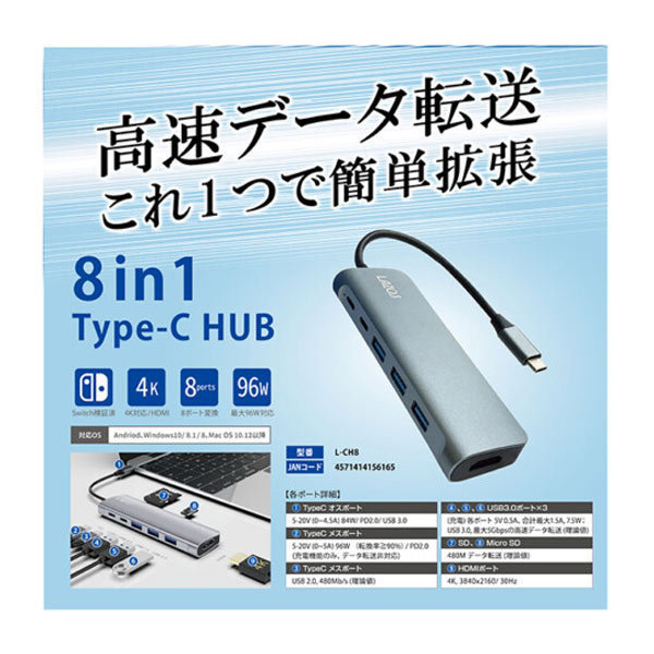 送料無料 多機能USBハブ Type-C 変換アダプター 8in1 Switch検証済 Lazos L-CH8/6165ｘ１本_画像4