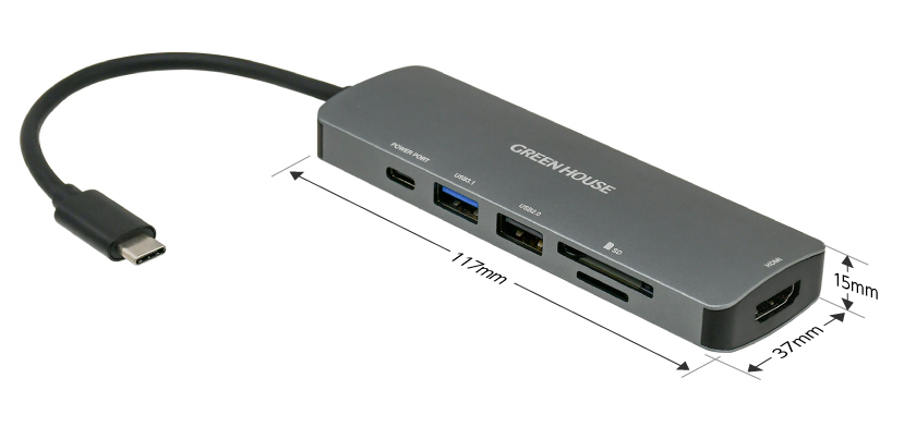 送料無料 ドッキングステーション カードリーダー USB+CR+HDMI+PD60W給電 USB Type-C USB3.1 Gen1 6in1 グリーンハウス GH-MHC6A-SV/8721_画像2