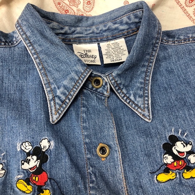 sh  USA古着 s Disney ミッキー刺繍 デニムシャツ M～L オールド