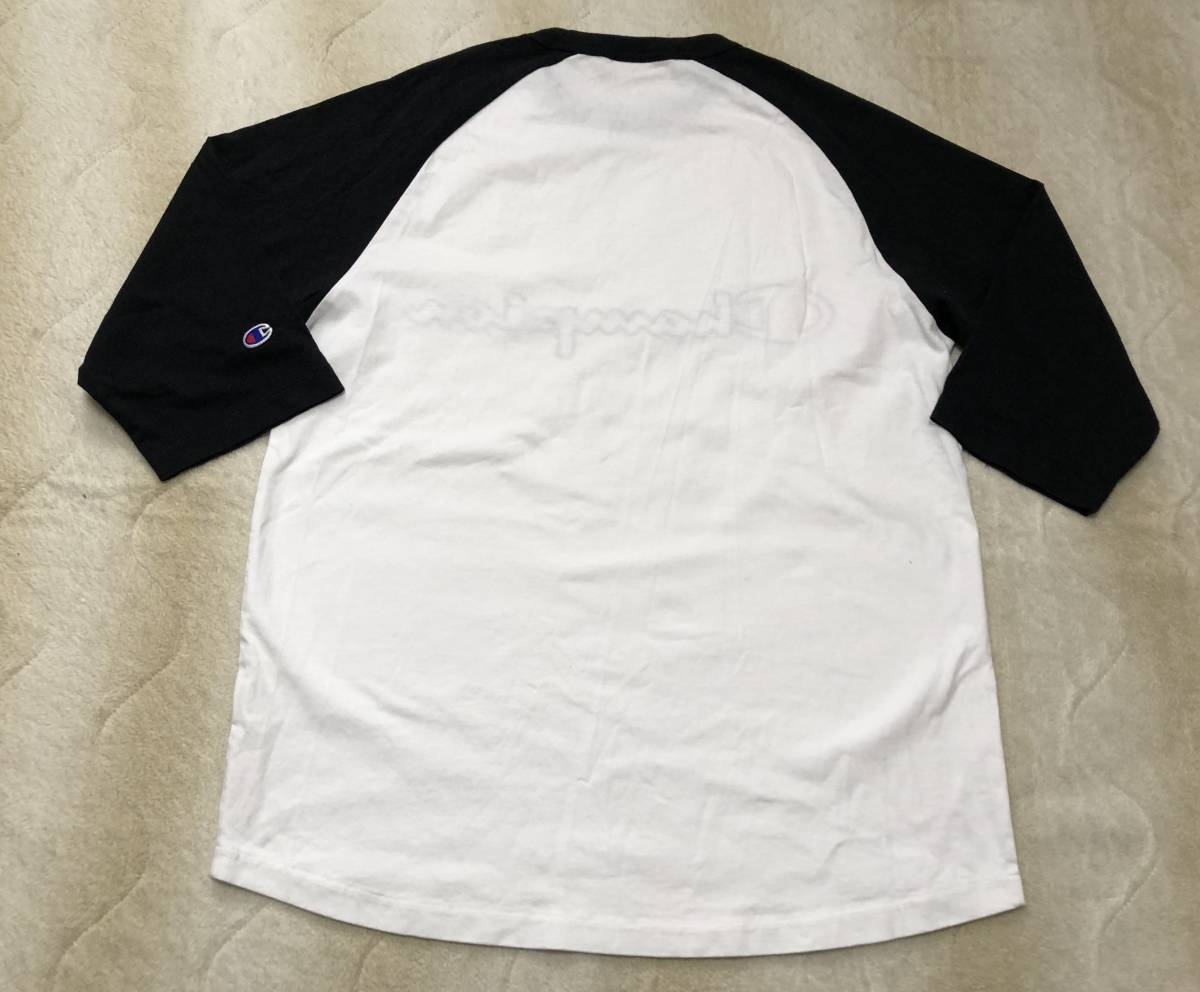 ☆Champion☆チャンピオン ビッグロゴ 7分袖 Tシャツ M 白×黒系 ラグラン袖 半袖 長袖 C3-P405の画像3