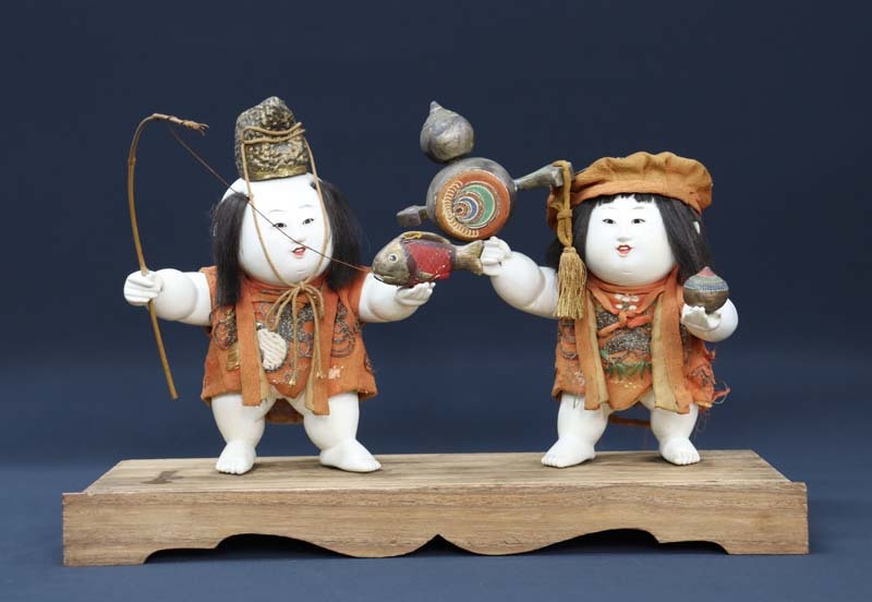 ■即決■ 江戸時代 木彫 御所人形 魚釣り 打ち出の小槌持ち 二人立 立子