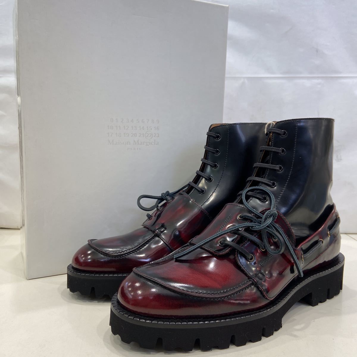 【Maison Margiera メゾンマルジェラ】S57WU0217 Leather Lace-Up Boots レースアップブーツ 41 ブラック ボルドー レザー 2203oki_画像1