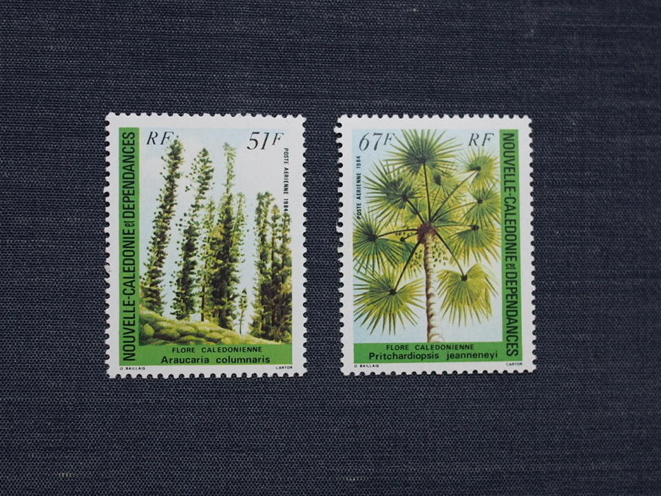 ニューカレドニア切手　樹木２種未使用　ナンヨウスギ、ヤシの木　1984年_画像1