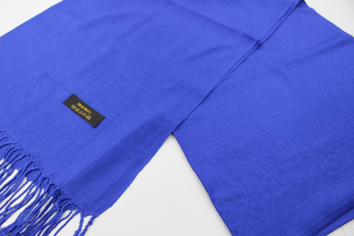 新品【シルク100％ SILK】無地 Plain 大判 ストール R.BLUE 青 ロイヤルブルー系 ワケアリ_画像3