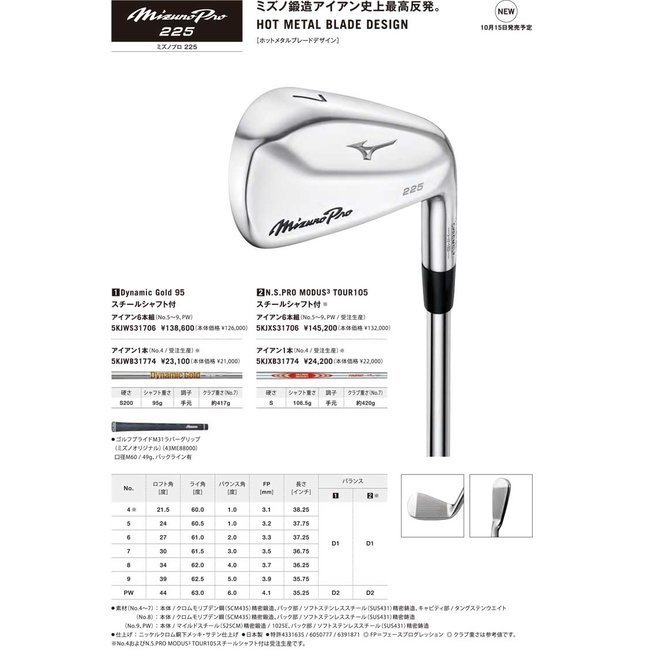 最新モデル 新品 日本仕様 ミズノ プロ 225 5-PW 6本 MODUS TOUR 105(S