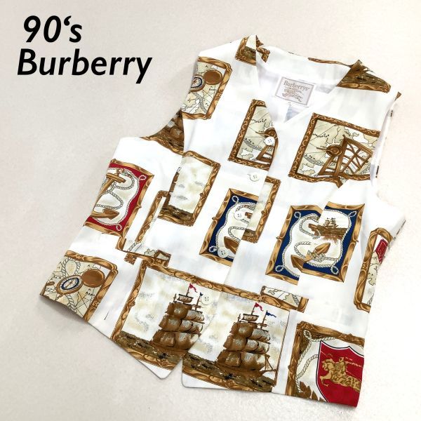 【極美品】90s Burberry バーバリー 総柄 ビンテージスカーフ柄 ベストジャケット レディース 11 L 地図柄 ホワイト_画像1