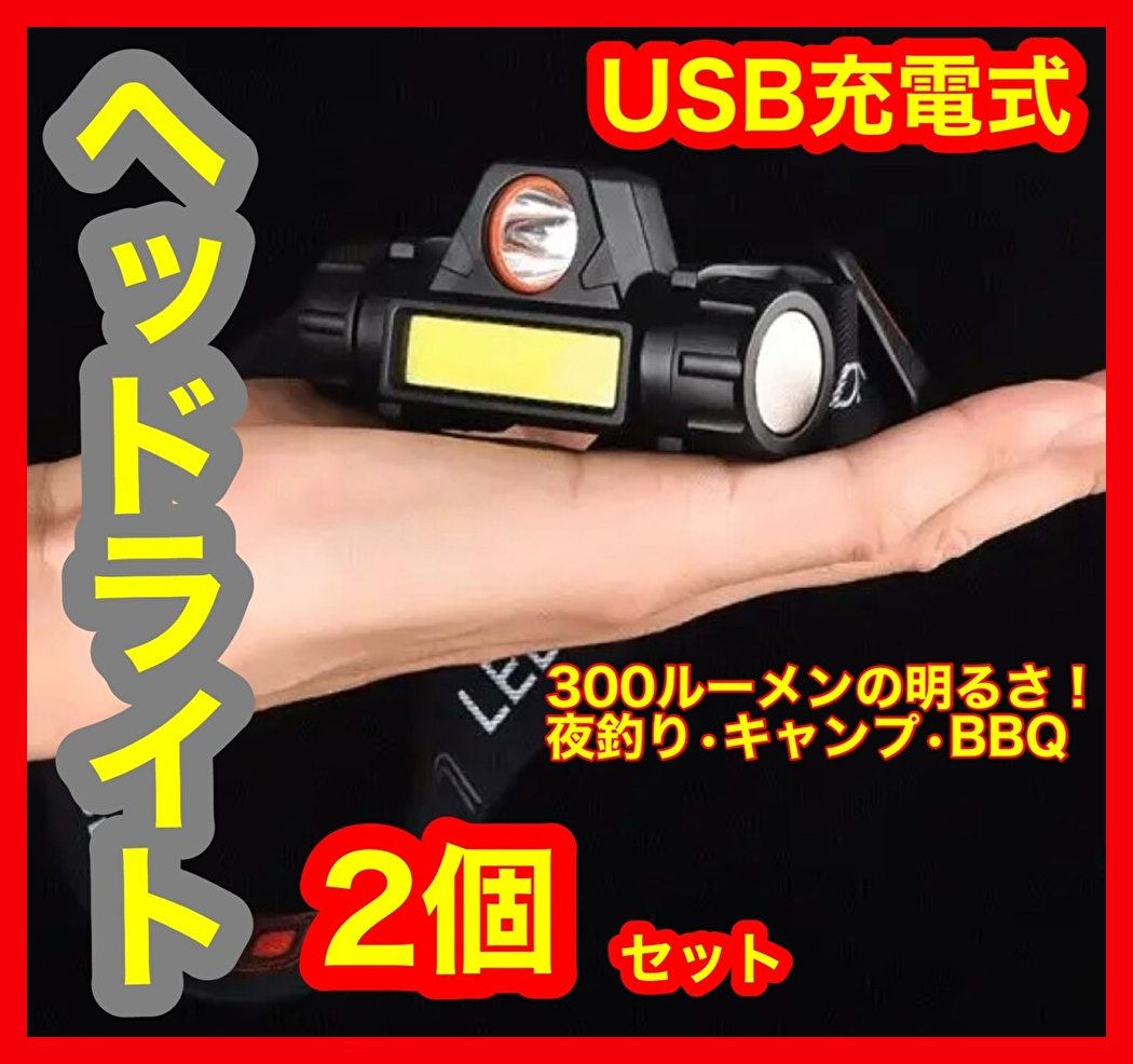 LEDヘッドライト 2個セット USB充電式 90°回転 キャンプ グランピング 登山 富士山 外