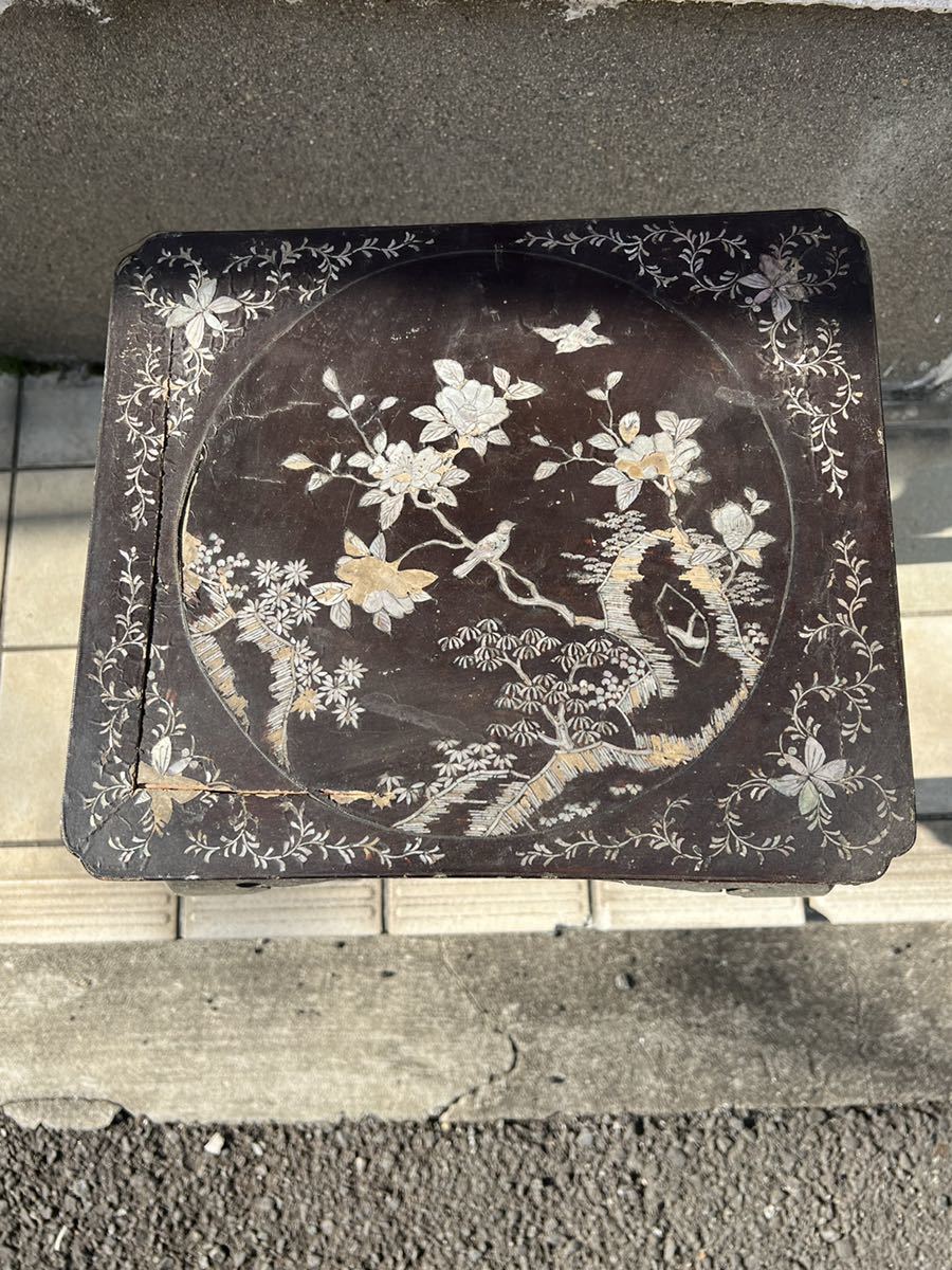 清時代 黒漆嵌螺鈿花鳥 中国美術 螺鈿 蒔絵 漆芸 花台 古玩 古美術