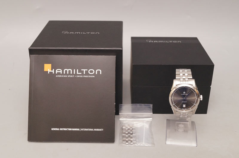 yv47-HAMILTON ハミルトン 腕時計 ジャズマスター スピリット オブ リバティ H424151 自動巻き グレー 文字盤 コマ有り ケース 箱付