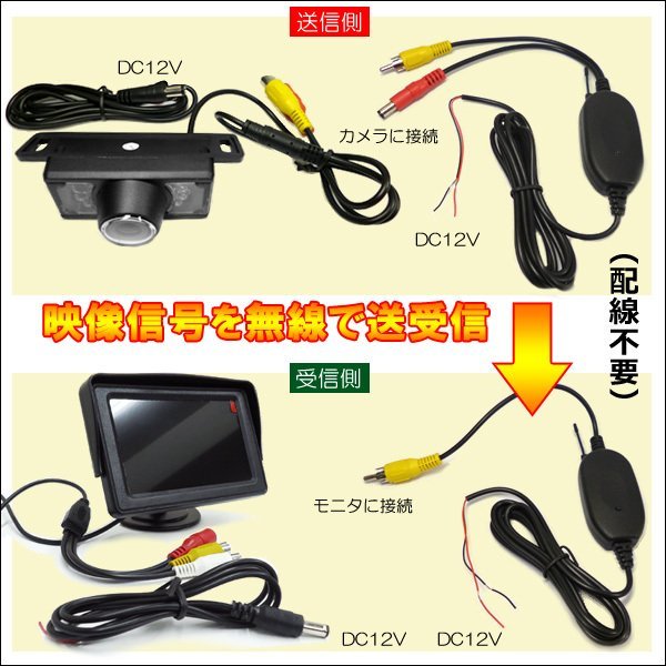 車リアビュー 3点セット 配線不要 ワイヤレストランスミッター & 4.3インチバックモニター & 暗視バックカメラa/22_画像10