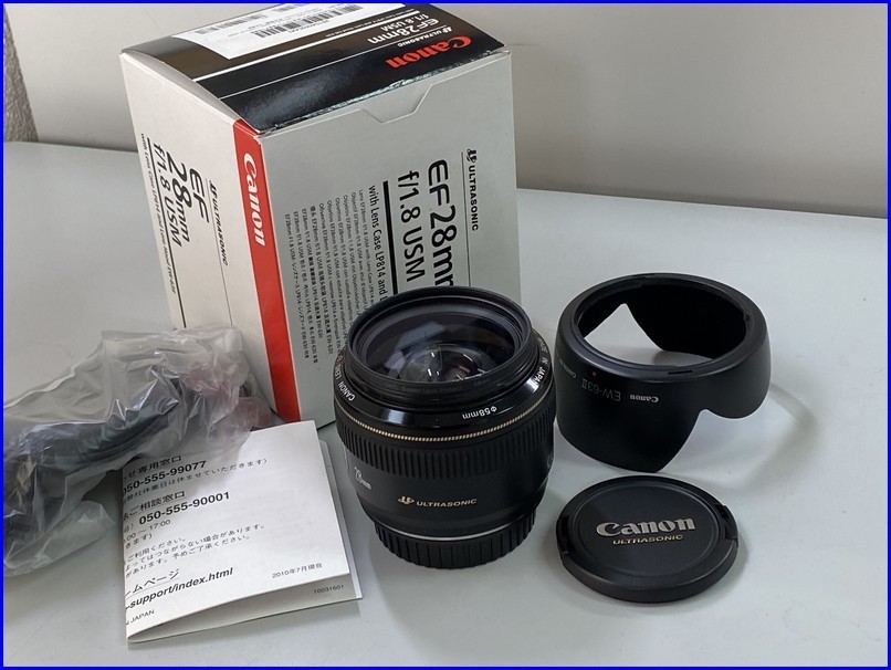 極美品【Canon キャノン EF 28mm f/1.8 USM AF ULTRASONIC 単焦点 広角レンズ フード 収納袋 元箱付】M03317 