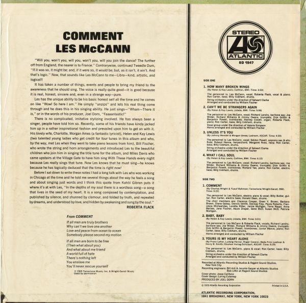USオリジナル 初回BROADWAY 赤緑ラベル Les McCann／Comment【Atlantic】Roberta Flack Stanley Cowell Billy Cobham参加 70年 LP 試聴_画像2