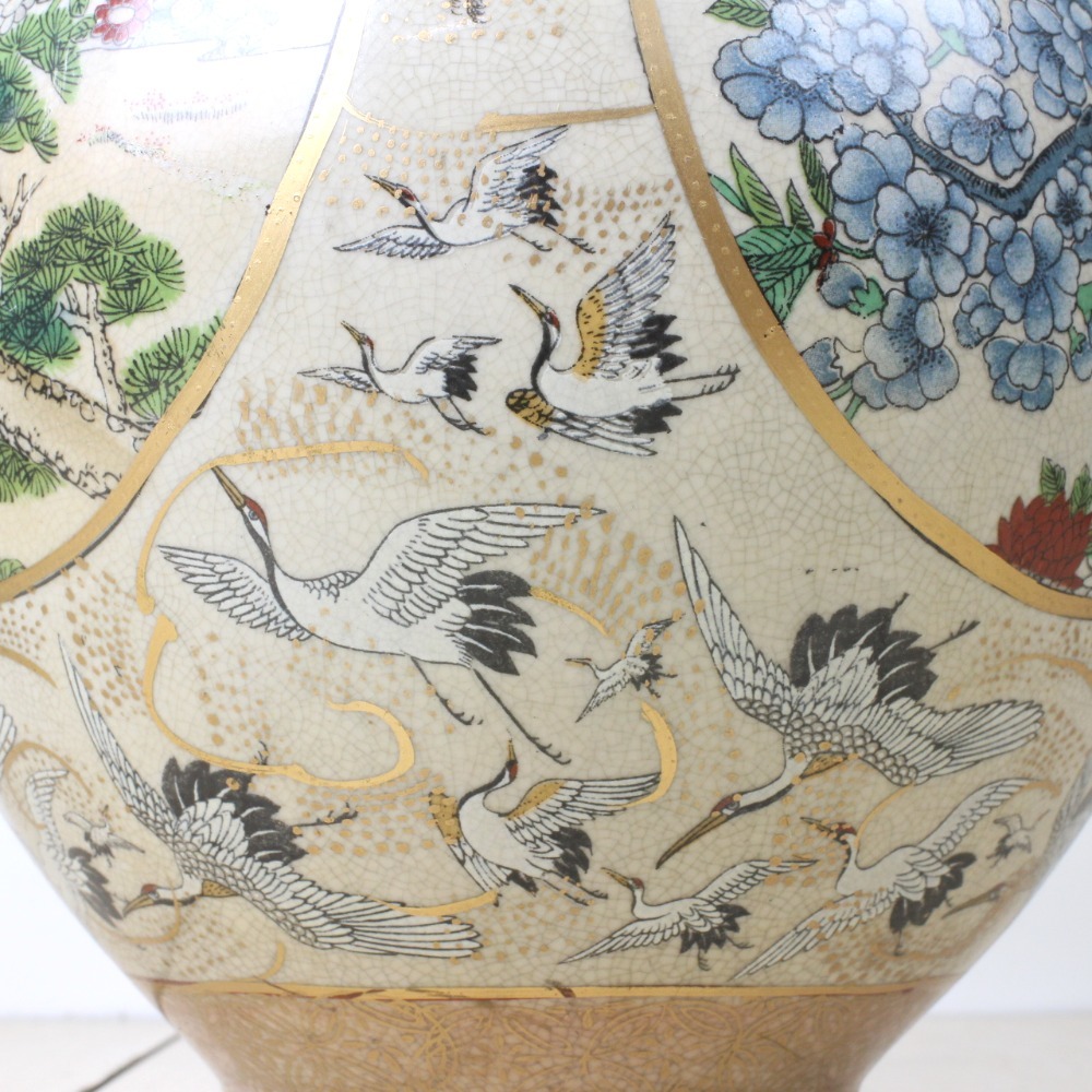 薩摩焼 栄盛堂 瀧山作 花瓶 金襴手群 鶴地紋 花鳥精密紋様【】 飾り壷