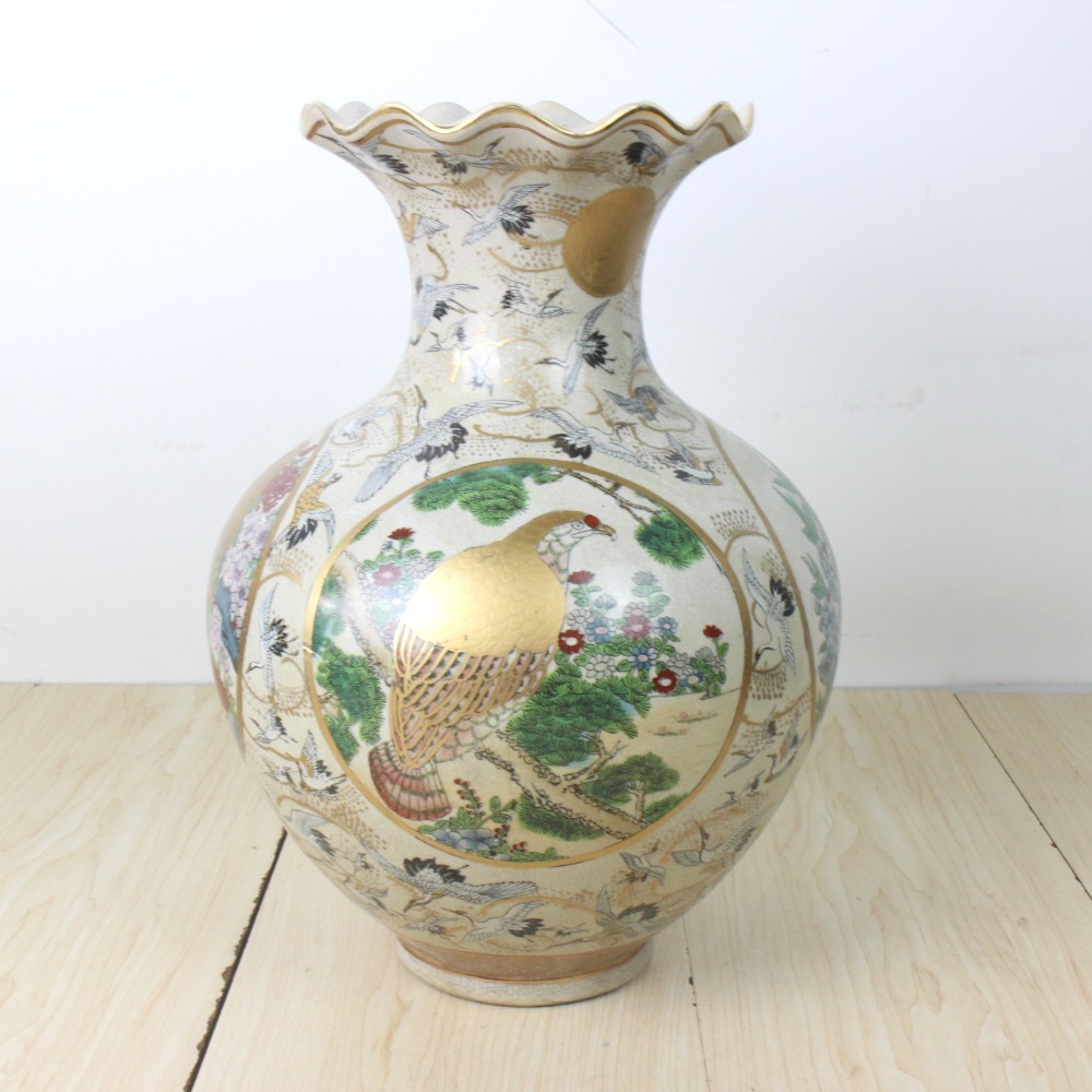 薩摩焼 栄盛堂 瀧山作 花瓶 金襴手群 鶴地紋 花鳥精密紋様【】 飾り壷