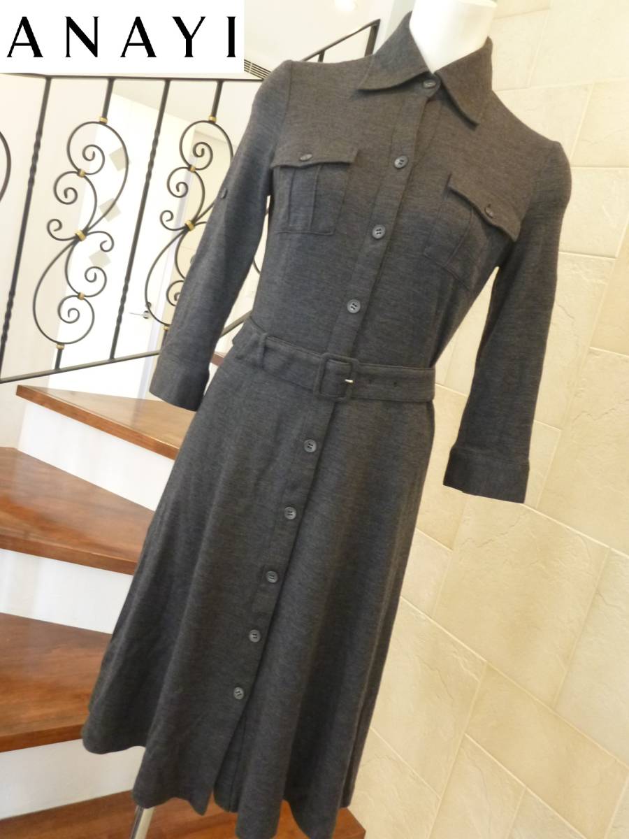 美品 ANAYI アナイ 日本製 グレー 長袖 ワンピース 36 S相当