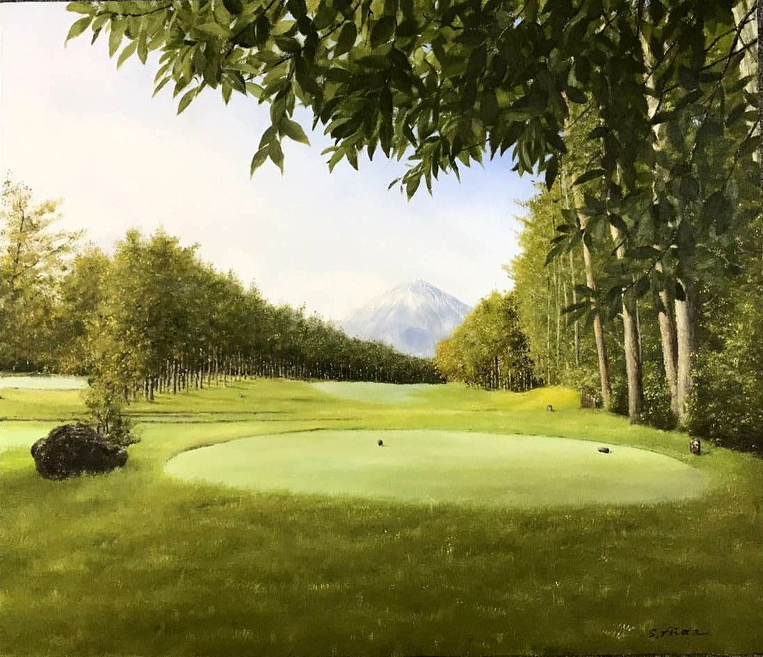 油彩画 洋画 油絵額縁付きで納品対応可 F10 富士山の見えるゴルフ場２