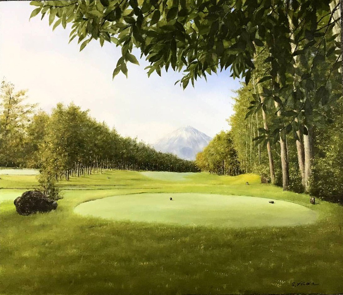 油彩画 洋画 (油絵額縁付きで納品対応可) F6 「富士山の見えるゴルフ場