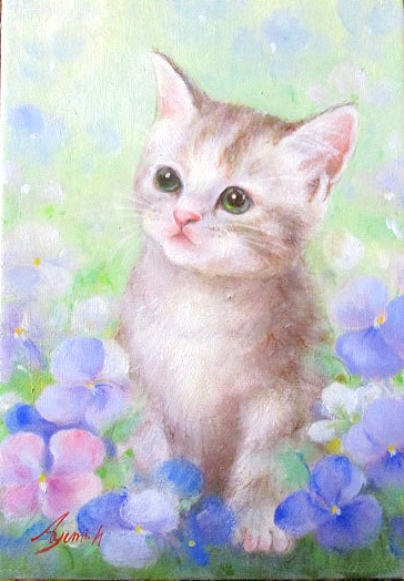 油彩画 日本 洋画 油絵額縁付きで納品対応可 F3号 歩 超特価 子猫３ 星野