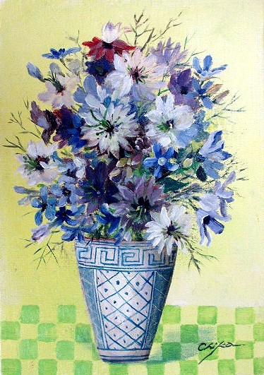 油彩画 洋画 (油絵額縁付きで納品対応可) F4号 「器と青い花」 内藤 千