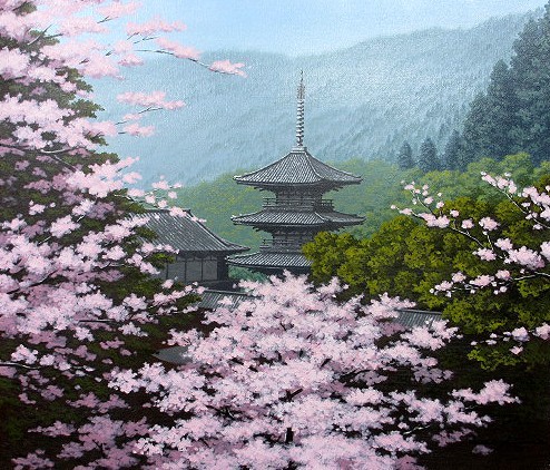 速くおよび自由な 油彩画 洋画 敏彦 朝隈 「三重の塔に桜」 F10 (油絵額縁付きで納品対応可) 自然、風景画