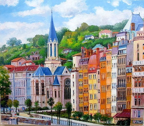 てなグッズや 洋画 油彩画 (油絵額縁付きで納品対応可) 国雄 半澤 「パリの街」 M10号 自然、風景画