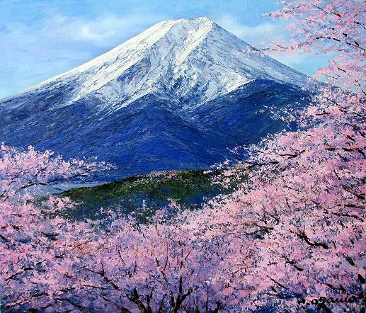 新入荷 洋画 油彩画 (油絵額縁付きで納品対応可) 久雄 小川 「富士に桜」 P3号 自然、風景画