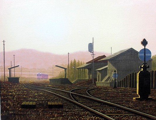 油彩画 洋画 (油絵額縁付きで納品対応可) WF3 「朝の駅舎3」 朝隈 敏彦-