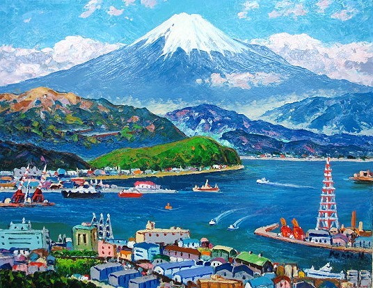 油彩画 洋画 (油絵額縁付きで納品対応可) M6号 「清水港より富士」 半澤 国雄_画像1