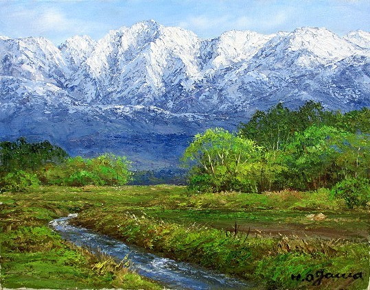 ランキング上位のプレゼント M4号 (油絵額縁付きで納品対応可) 洋画 油彩画 「立山連峰を望む」 久雄 小川 自然、風景画