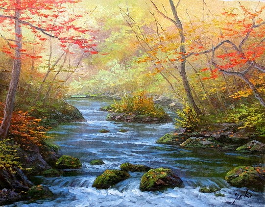 油彩画 洋画 (油絵額縁付きで納品対応可) M3号 「奥入瀬渓流（秋）」 関 健造