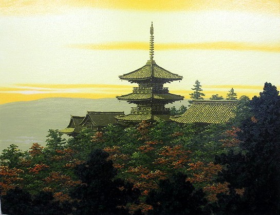 油彩画 洋画 (油絵額縁付きで納品対応可) WSM 「清水寺に桜」 朝隈 敏彦-