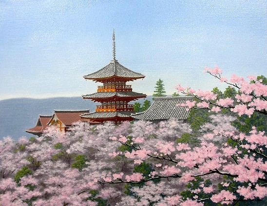 油彩画 洋画 (油絵額縁付きで納品対応可) WF3 「清水寺に桜」 朝隈 敏彦_画像1