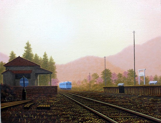 油彩画 洋画 (油絵額縁付きで納品対応可) WF3 「朝の駅舎2」 朝隈 ...