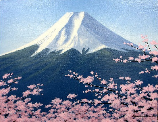 油彩画 洋画 (油絵額縁付きで納品対応可) SM 「富士に桜」 朝隈 敏彦