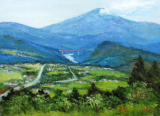 油彩画 洋画 (油絵額縁付きで納品対応可) F10号 「木曽路 恵那山」 島本 良平_画像1