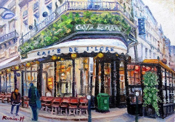 油彩画 洋画 (油絵額縁付きで納品対応可) F10号 「パリのカフェ１」 半澤 国雄
