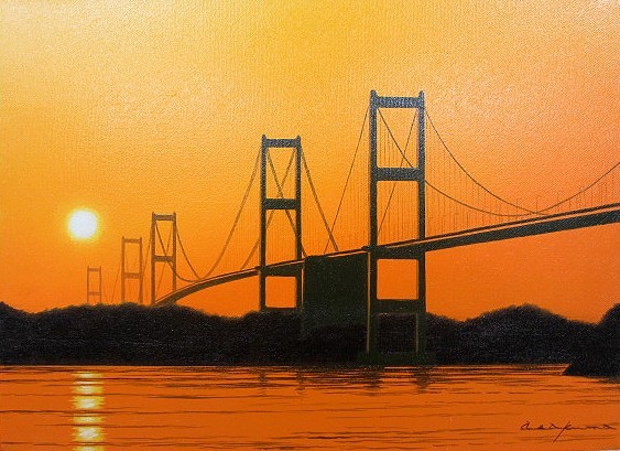 油彩画 洋画 (油絵額縁付きで納品対応可) WSM 「木島の大橋」 朝隈 敏彦-