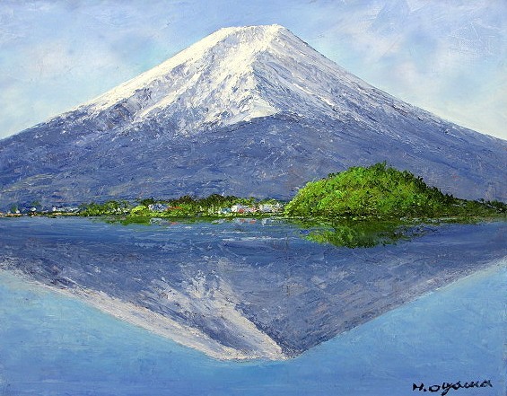 油彩画 洋画 (油絵額縁付きで納品対応可) P12号 「河口湖より富士を望む」 小川 久雄